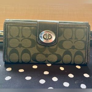 Coach Olive Signature w/ Brown Leather, Turn Lock Wallet w/Snap back pocket.